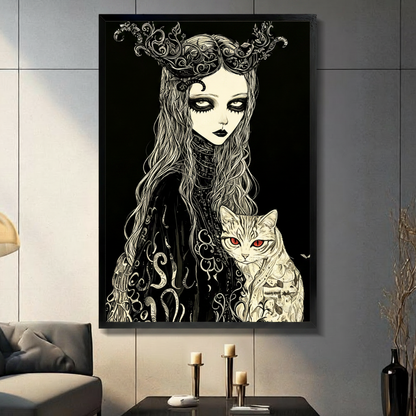 Dark gothic anime ink illustration of a pale half-body girl with fully black eyes smoky eye shadow black lips and long flowing wavy hair wearing an ornate gothic antler crown of intricate silver vines and a black lace robe with silver tendril and tentacle patterns holding a large cream cat with glowing red eyes tiger stripe markings and black rune tattoos with a small bat silhouette in the lower right corner against a pure black background dark gothic wall art framed print in a living room with dark gray pa