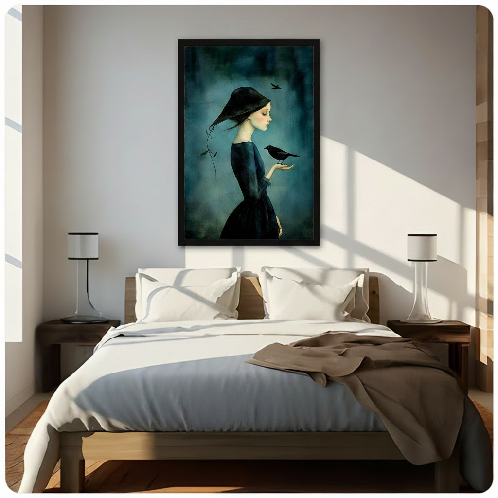 Mysterious girl with raven framed canvas wall art above bed in bright modern bedroom with white bedding and wooden nightstands
