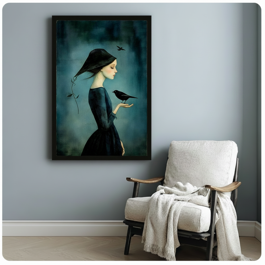 Mysterious girl with raven framed canvas wall art on light blue-gray wall beside white linen armchair with throw blanket