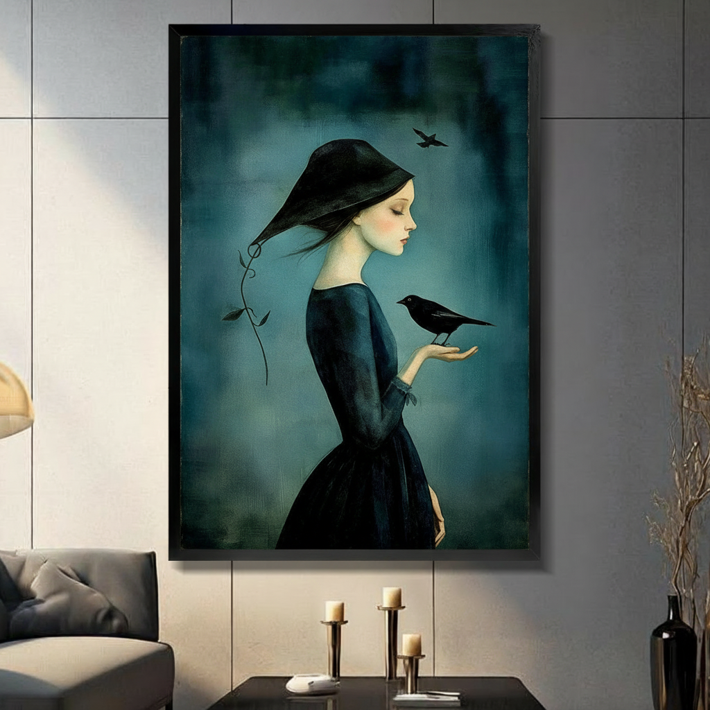 Mysterious girl with raven framed canvas wall art black frame on gray panel wall above candlestick table in modern living room
