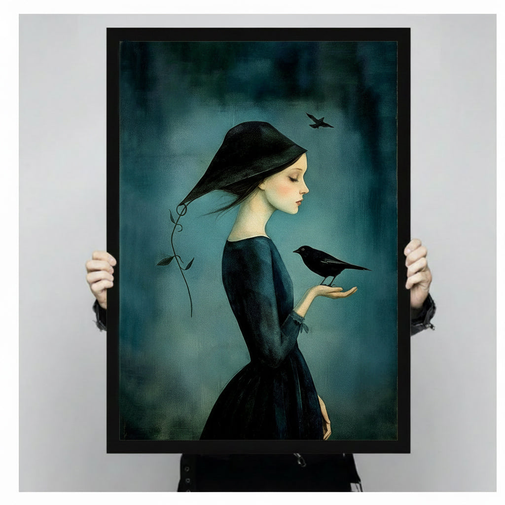 Person holding mysterious girl with raven framed canvas wall art size reference gothic teal oil painting black frame