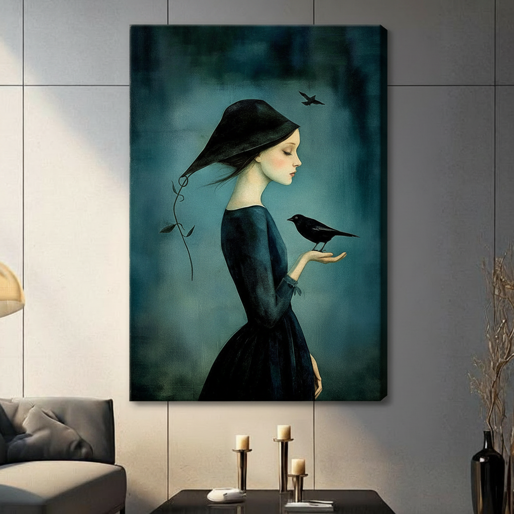 Mysterious girl with raven stretched canvas gallery wrap on gray panel wall above candlestick table in modern living room
