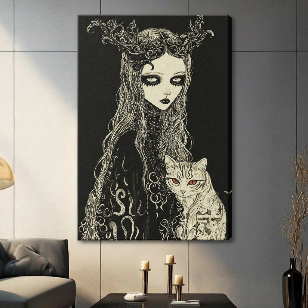 Dark gothic anime ink illustration of a half-body pale girl with large almond eyes heavy black eye shadow black lips and flowing wavy hair crowned with an elaborate silver vine antler headpiece in a black lace robe adorned with silver tentacle and floral motifs cradling a cream cat with intense red eyes tiger stripes and black symbolic tattoos on a pure black background gothic wall art stretched canvas in a living room with dark gray panel wall dark sofa and black vase