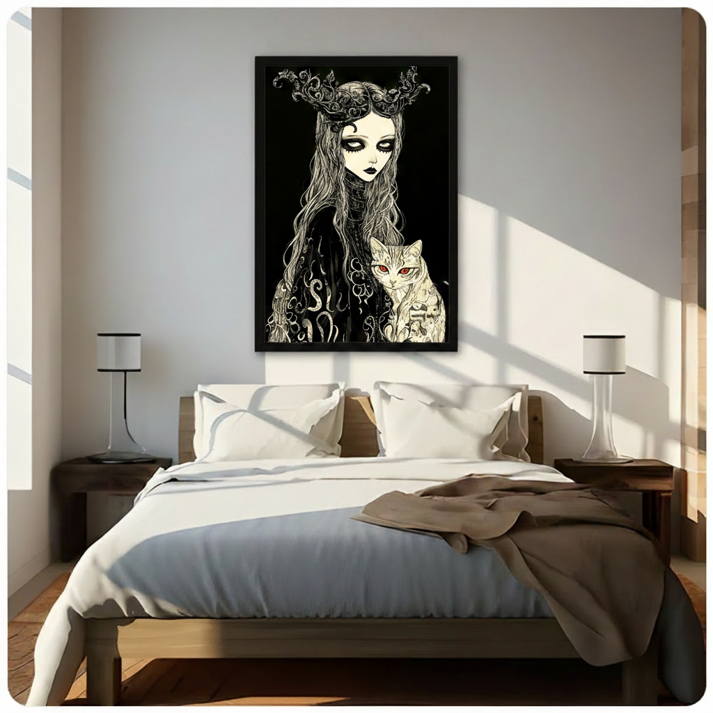 Dark gothic anime ink illustration of a pale half-body girl with smoky black eye makeup black lips cascading wavy hair and an ornate silver vine antler crown wearing a black lace gown with intricate silver floral and tentacle patterns holding a large cream cat with vivid red eyes tiger stripes and black rune tattoos against a pure black background dramatic gothic wall art framed print above a bedroom with white linen bedding dark wood bed frame and white table lamps