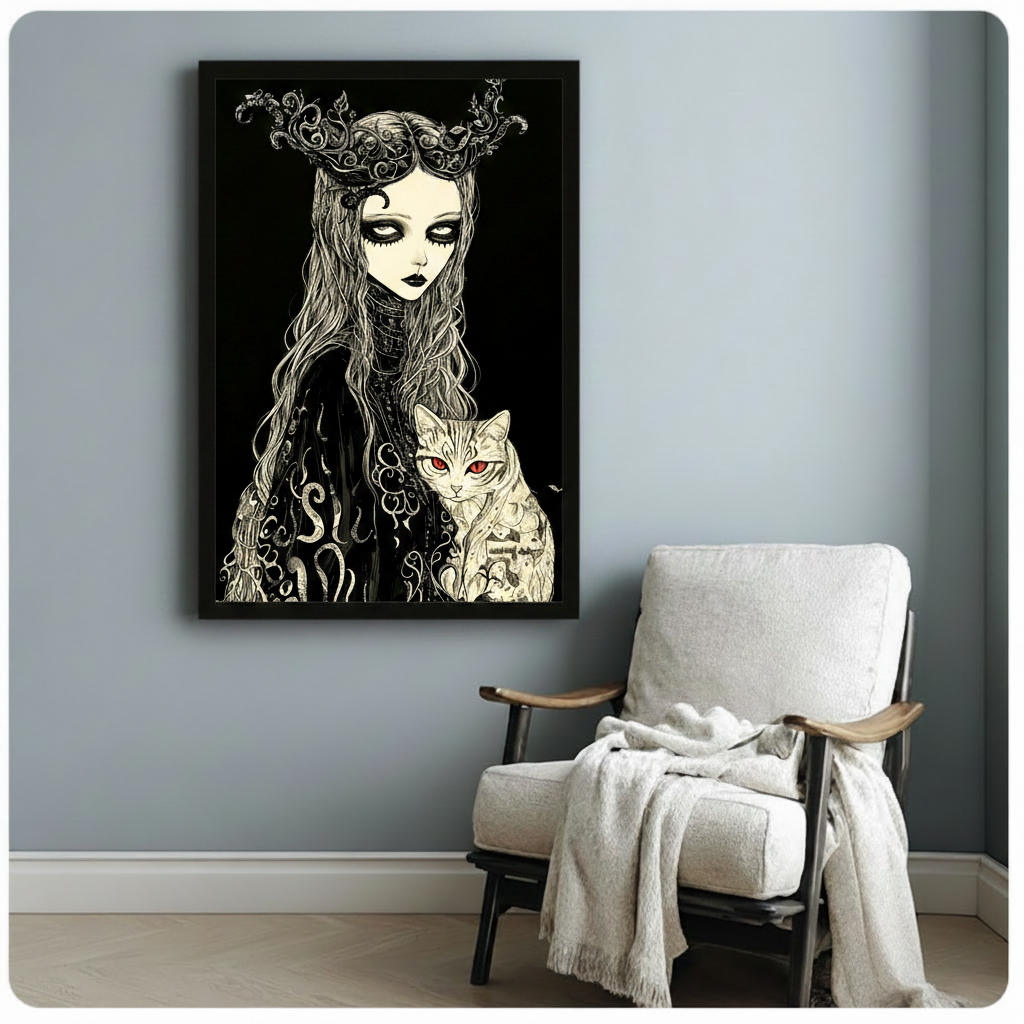 Dark gothic anime ink illustration of a pale half-body girl with smoky black eye makeup black lips and long flowing wavy hair wearing an ornate gothic antler crown of silver vines and a black lace robe with intricate silver tendril patterns holding a large cream cat with glowing red eyes tiger stripes and black rune tattoos against a pure black background dark gothic wall art framed print beside a white linen armchair on a blue gray wall