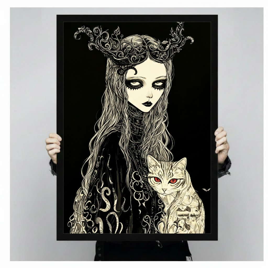 Dark gothic anime ink illustration of a pale ethereal girl with dramatic smoky eyes black lips and long wavy silver-streaked hair wearing a gothic crown of ornate vine antlers and a black lace robe with silver vine and tentacle embellishments holding a large ivory cat with glowing red eyes and black rune body art against a solid black background dark gothic wall art framed print held against a light gray background