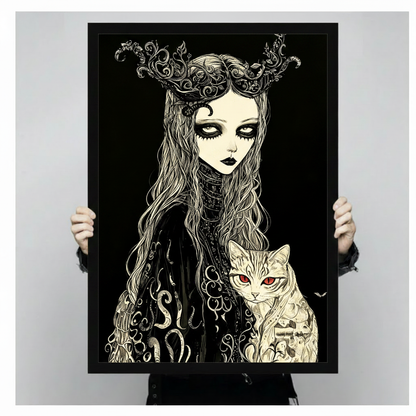 Dark gothic anime ink illustration of a pale ethereal girl with dramatic smoky eyes black lips and long wavy silver-streaked hair wearing a gothic crown of ornate vine antlers and a black lace robe with silver vine and tentacle embellishments holding a large ivory cat with glowing red eyes and black rune body art against a solid black background dark gothic wall art framed print held against a light gray background