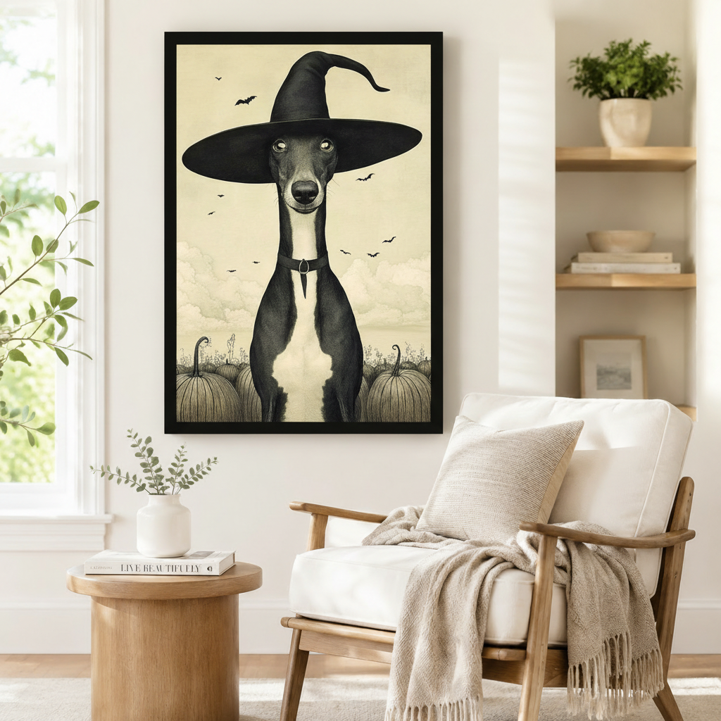 Gothic-style framed wall art featuring a greyhound dog in a tall witch hat with flying bats, styled beside a linen armchair in a Scandinavian reading nook