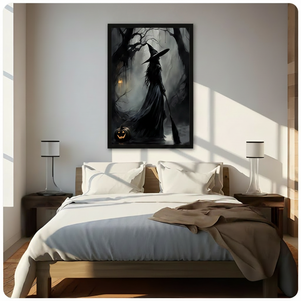 Gothic Halloween witch with pointed hat and glowing pumpkin in dark forest, black framed art print above bed in minimalist bedroom
