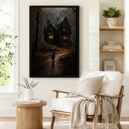 Dark gothic framed wall art print of a black cat approaching a candlelit haunted house through autumn woods, styled above an armchair in a cozy reading corner