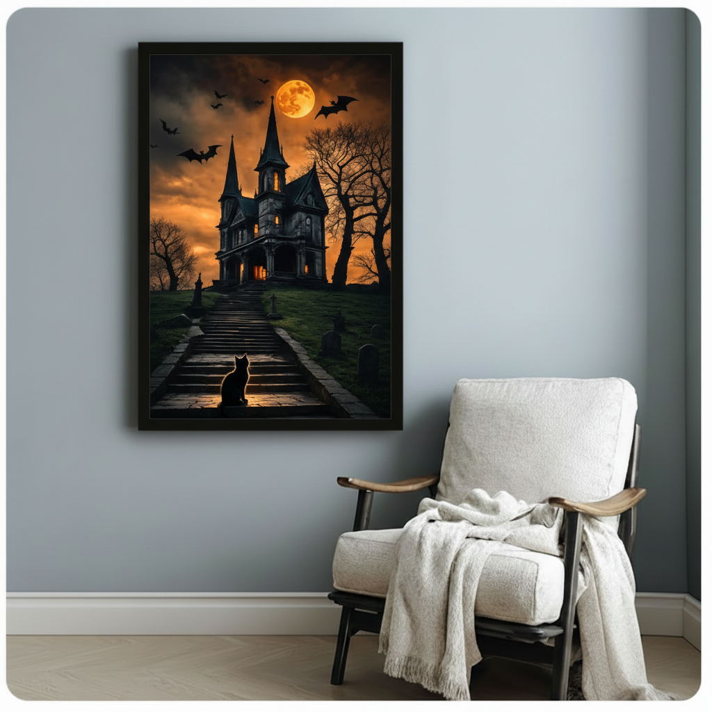 Spooky gothic castle framed art print with cemetery gravestones and black cat on stone steps, hung above a white linen armchair against a soft gray wall
