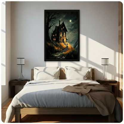 Framed gothic canvas print of a haunted stone house glowing under a full moon with bare trees, a silhouetted figure on stone steps, and a black cat, hung as a dramatic statement wall art piece above a bed in a sunlit bedroom