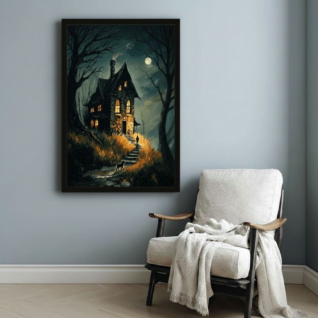 Black-framed gothic art print of a spooky stone cottage with glowing windows, a full moon, bare winter trees, and a lone figure climbing stone steps with a black cat below, styled beside a white armchair