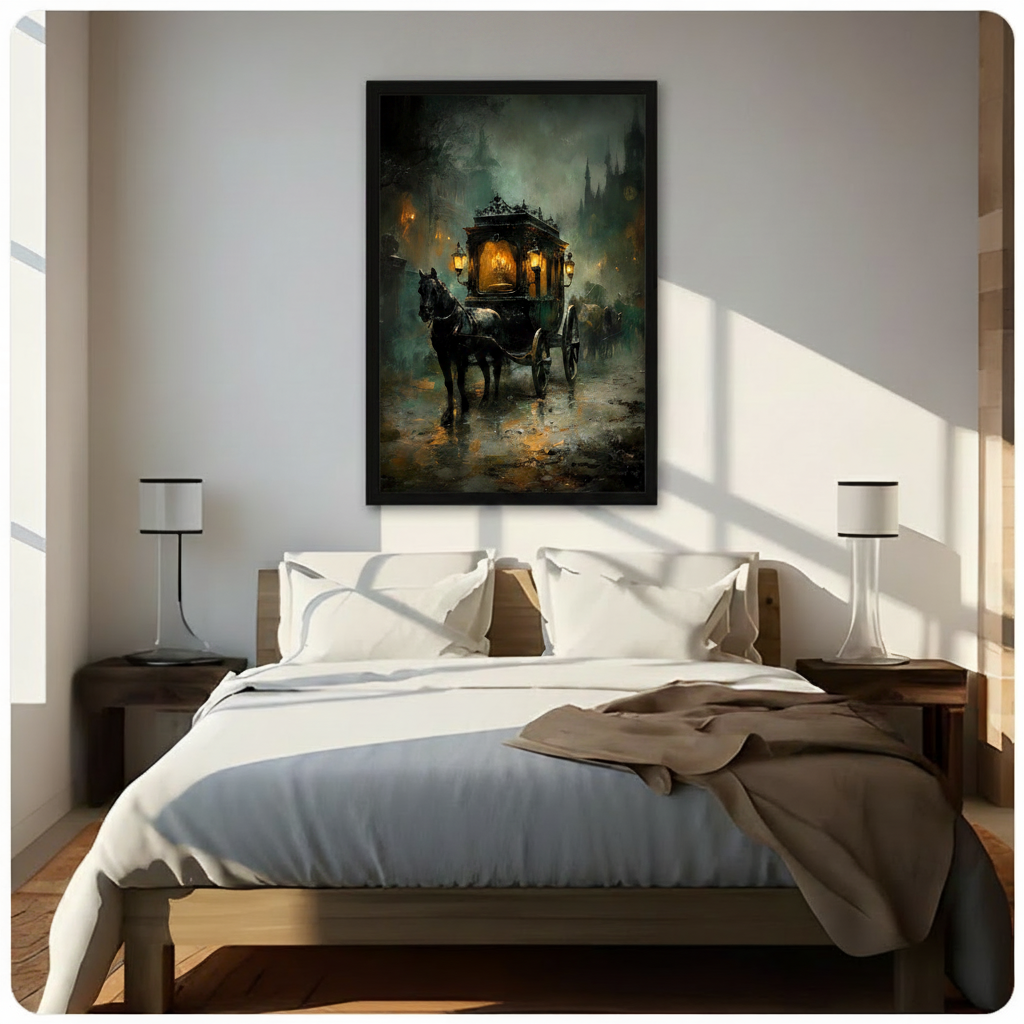 Gothic horse-drawn carriage dark oil painting in black float frame canvas wall art above wooden bed with white bedding and modern table lamps in sunlit bedroom