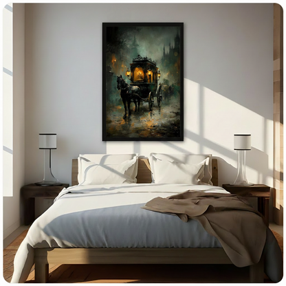 Gothic horse-drawn carriage dark oil painting in black float frame canvas wall art above wooden bed with white bedding and modern table lamps in sunlit bedroom