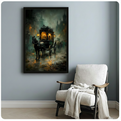 Gothic horse-drawn carriage dark oil painting in black float frame canvas wall art on blue-gray wall beside white cushioned armchair with cream knit blanket
