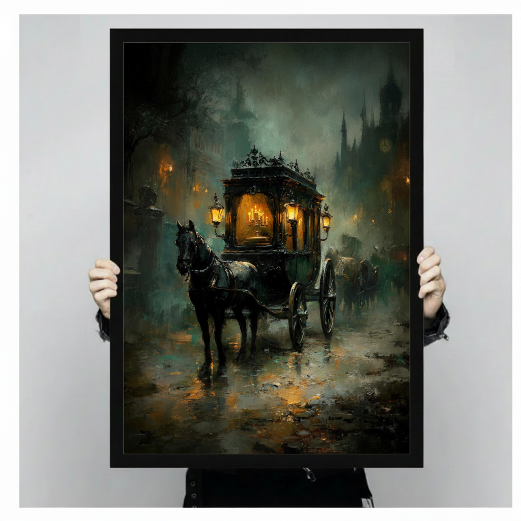Person in dark clothing holding gothic horse-drawn carriage dark oil painting in black float frame canvas wall art against plain light gray background