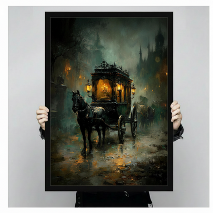 Person in dark clothing holding gothic horse-drawn carriage dark oil painting in black float frame canvas wall art against plain light gray background