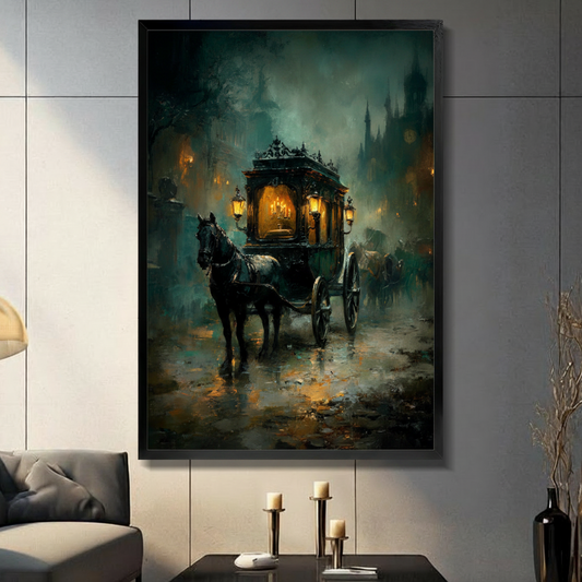 Gothic horse-drawn carriage dark oil painting in black float frame canvas wall art on gray tile wall above console table with candles and dried botanicals