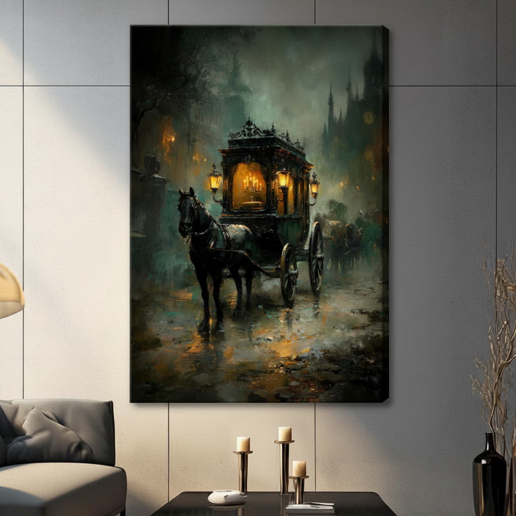 Gothic horse-drawn carriage dark oil painting frameless gallery wrap stretched canvas wall art on gray tile wall above console table with candles and dried botanicals showing wrap edge