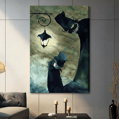 Gallery wrapped canvas art featuring mysterious cloaked figure beneath ornate street lamp in dark gothic style, hung on dark wall

