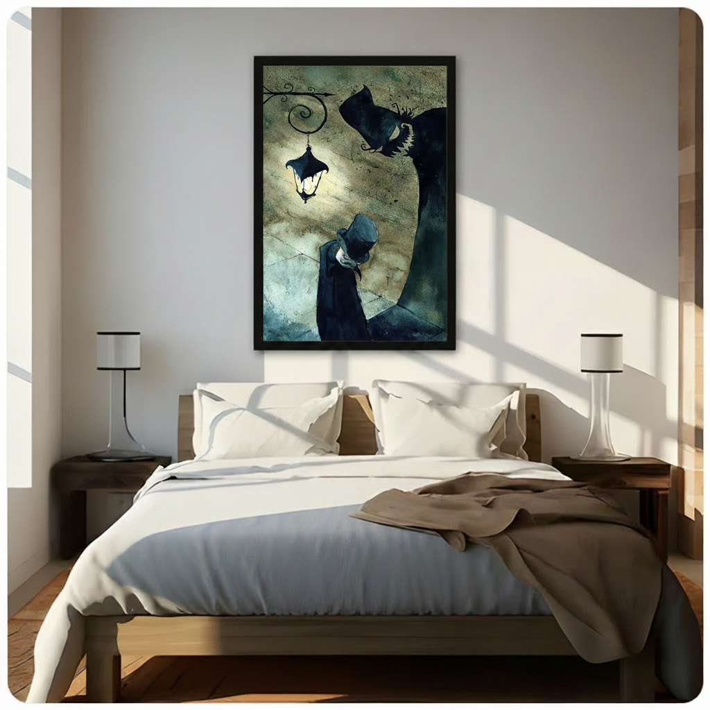 Large framed dark gothic wall art above bed, depicting mysterious cloaked figure and vintage street lantern in teal and gold tones