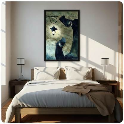 Large framed dark gothic wall art above bed, depicting mysterious cloaked figure and vintage street lantern in teal and gold tones