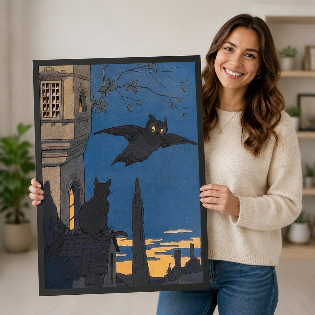 Smiling woman holding large black framed gothic flying owl and cat rooftop night scene print showing artwork size and scale