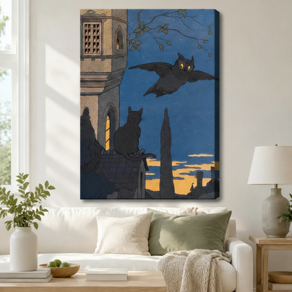 Gallery wrapped canvas of vintage gothic flying owl and rooftop black cat twilight illustration above white sofa in bright living room