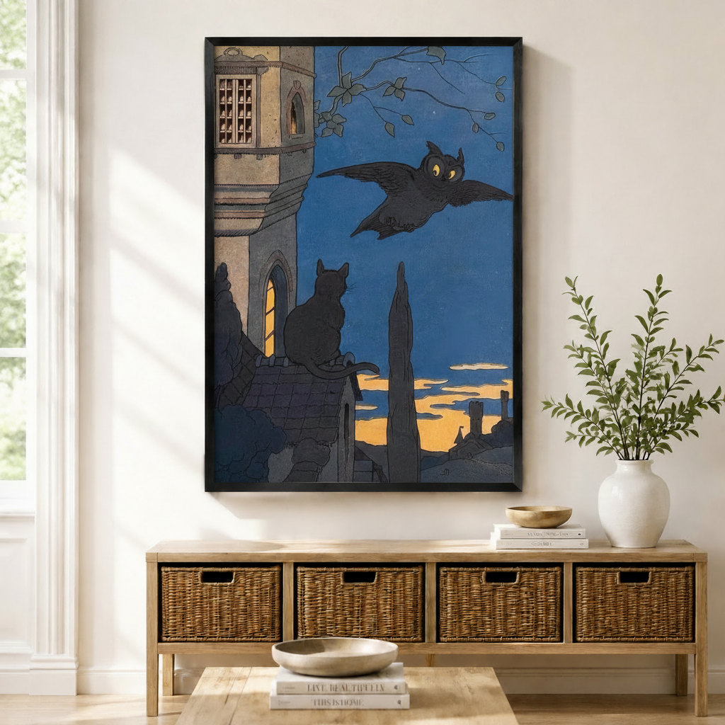 Gothic vintage owl and black cat night scene art print in black frame displayed above wicker console table in neutral entryway