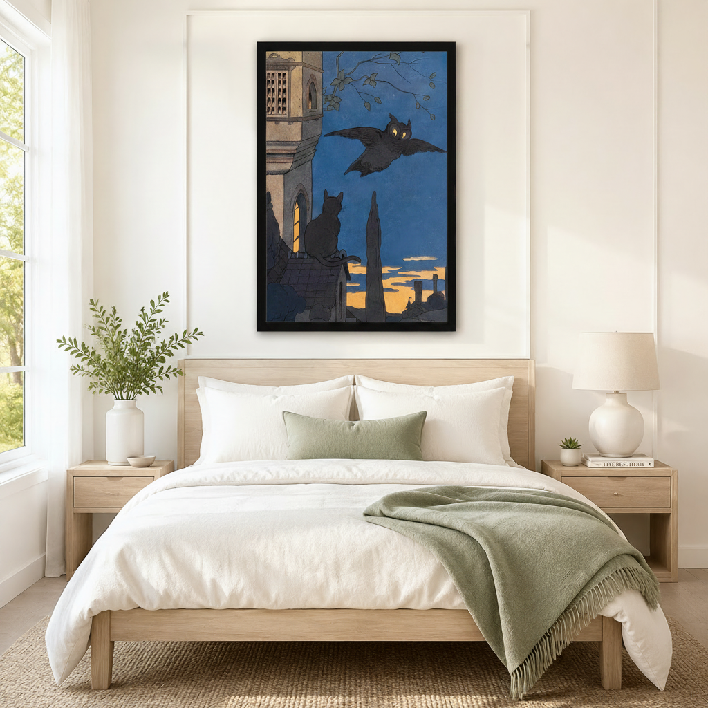 Black framed gothic vintage owl and black cat twilight wall art print centered above bed as dramatic statement decor in Scandinavian bedroom