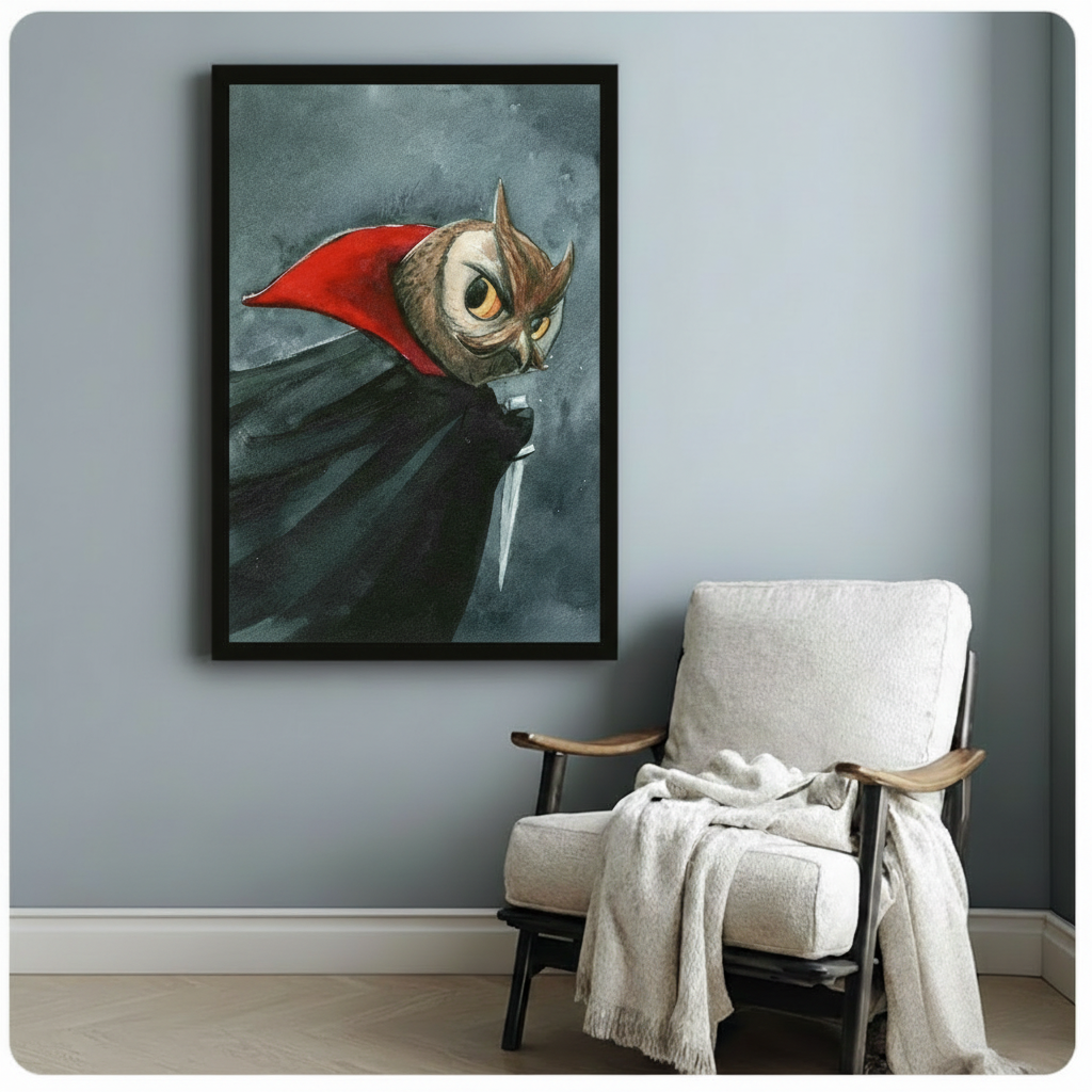 Black framed gothic owl vampire painting with red cape and dagger on a light gray wall above a white linen accent chair with cozy throw blanket