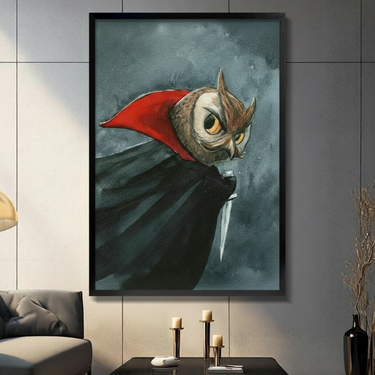 Framed gothic owl vampire canvas print wearing a black cape and red collar holding a dagger, displayed on a dark gray tile wall in a moody modern living room