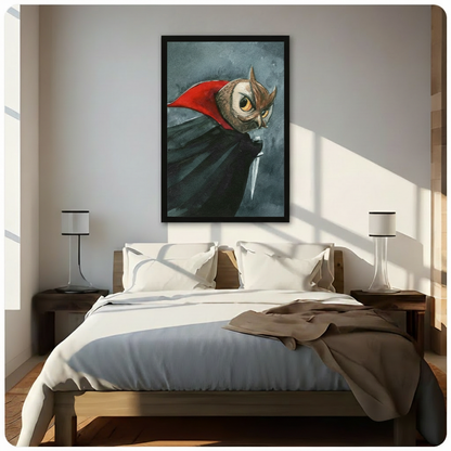 Black framed gothic owl vampire canvas art with flowing black cape and red collar hung above a bed in a bright minimalist bedroom with wooden nightstands and white bedding