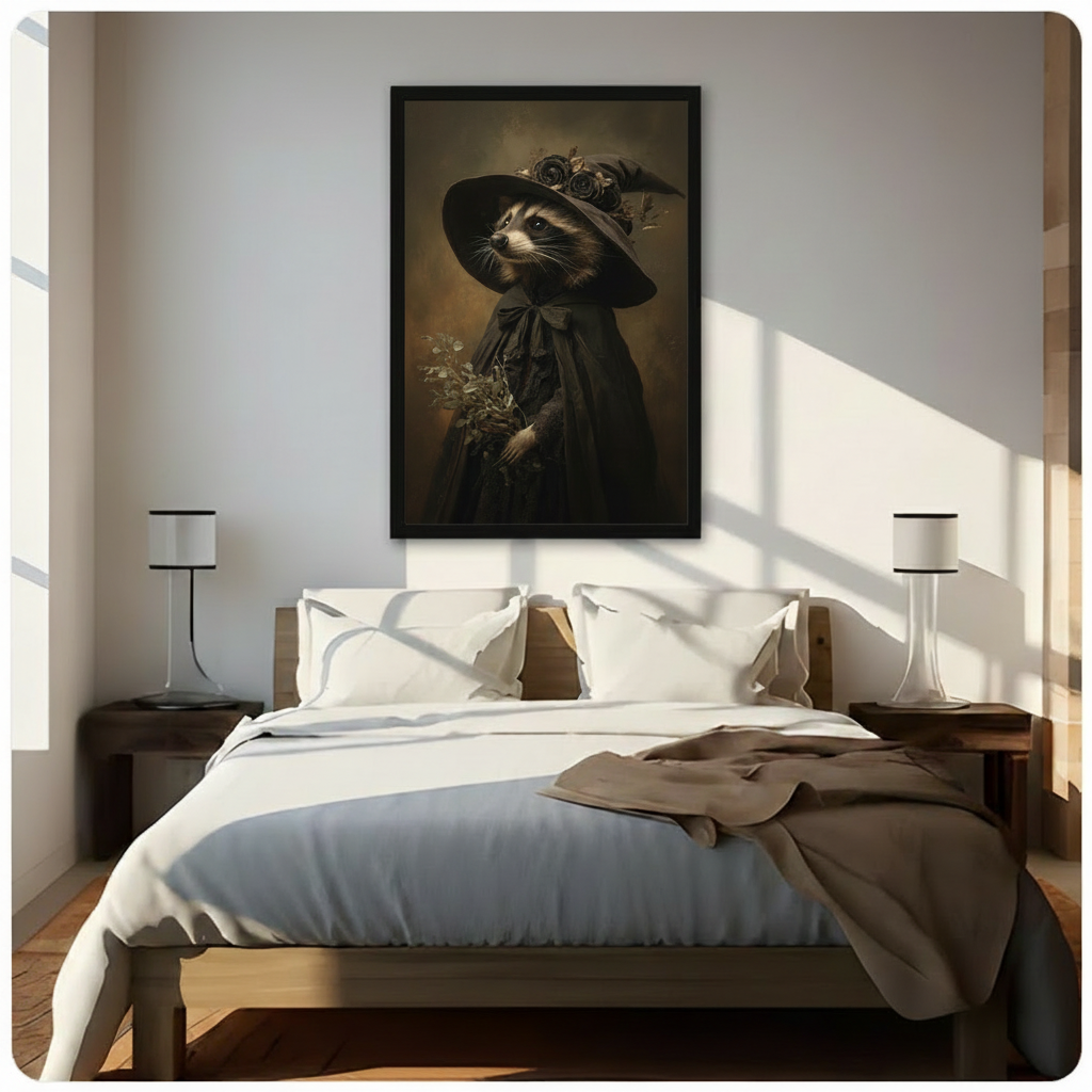Framed gothic raccoon witch portrait canvas art hung above a bed in a bright minimalist bedroom, featuring dark Victorian cloak and moody sepia tones
