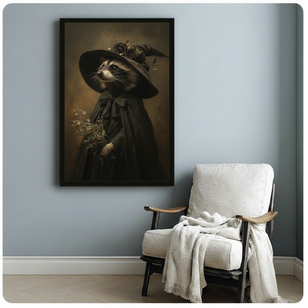 Black framed gothic raccoon witch portrait with floral hat and dark cape, styled on a blue-grey wall beside a white linen armchair in a cozy reading nook