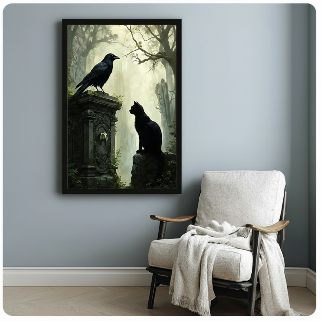 Dark gothic raven and black cat cemetery art print in black frame on blue-gray wall beside white linen armchair, moody enchanted forest fantasy wall decor for reading nook or study