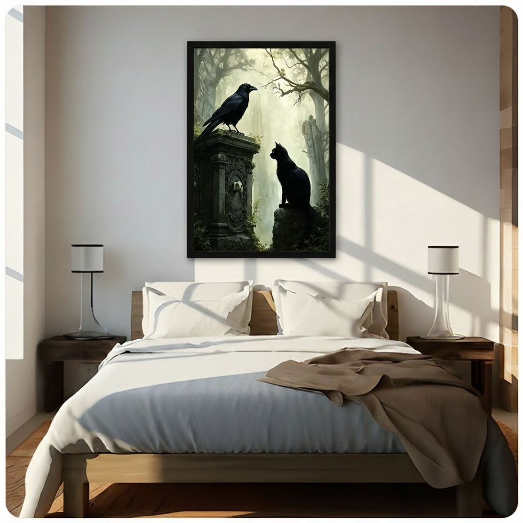 Dark gothic raven perched on stone monument with black cat framed canvas wall art above wooden bed with white linen bedding, moody misty forest fantasy print for bedroom statement wall
