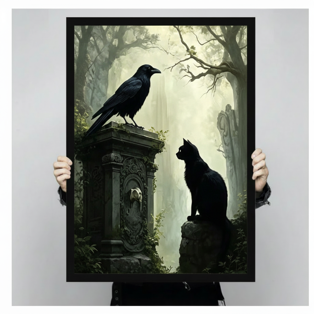 Gothic raven and black cat stone tomb art print held up showing full dark fantasy oil painting, misty enchanted forest illustration in black frame against neutral gray background