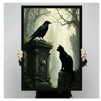 Gothic raven and black cat stone tomb art print held up showing full dark fantasy oil painting, misty enchanted forest illustration in black frame against neutral gray background