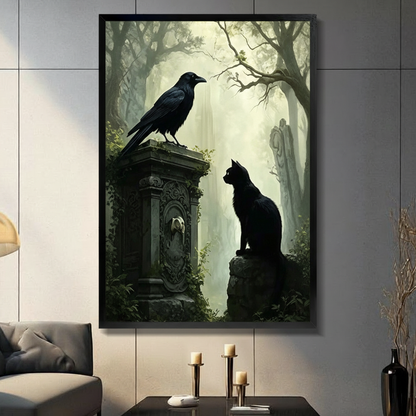 Gothic raven and black cat on stone tomb framed wall art in black frame on gray wall above console table with candles, dark fantasy misty forest oil painting for living room decor