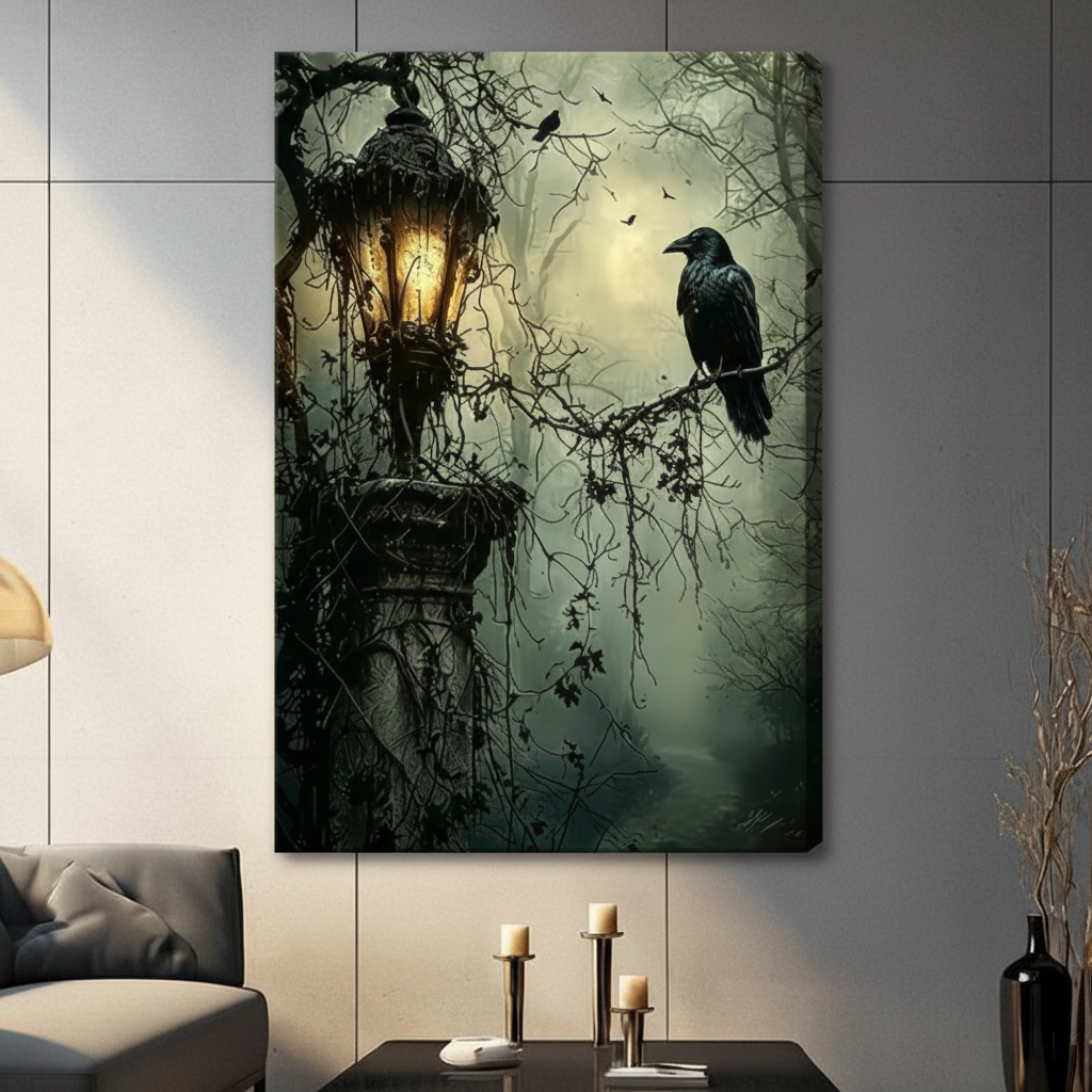 Gallery wrap stretched canvas of a black raven perched on an ivy-wrapped cast iron lantern in a moonlit misty forest hung frameless on a gray wall above candlestick holders and black vase