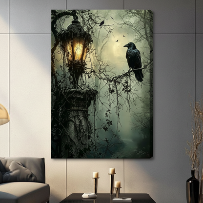 Gallery wrap stretched canvas of a black raven perched on an ivy-wrapped cast iron lantern in a moonlit misty forest hung frameless on a gray wall above candlestick holders and black vase