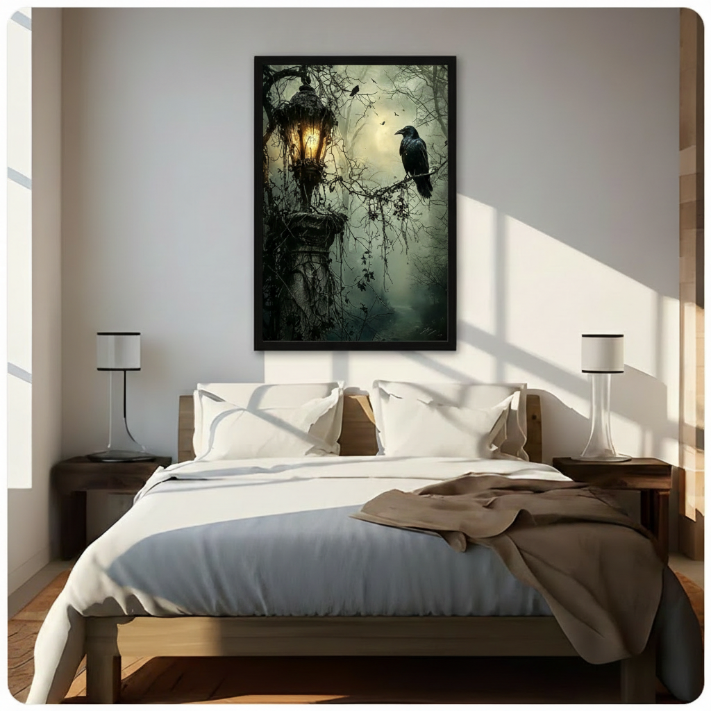 Black framed moody gothic raven perched on a vine-covered lantern canvas wall art hung above a dark wood bed with white linen bedding in a sunlit neutral bedroom with warm diagonal light and white lamps