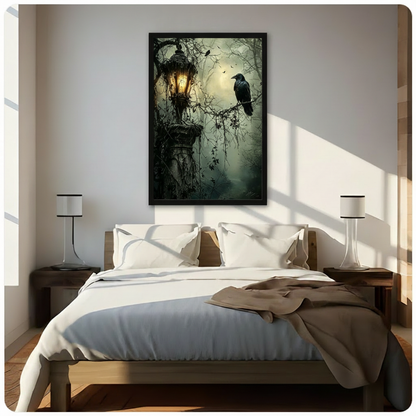 Black framed moody gothic raven perched on a vine-covered lantern canvas wall art hung above a dark wood bed with white linen bedding in a sunlit neutral bedroom with warm diagonal light and white lamps