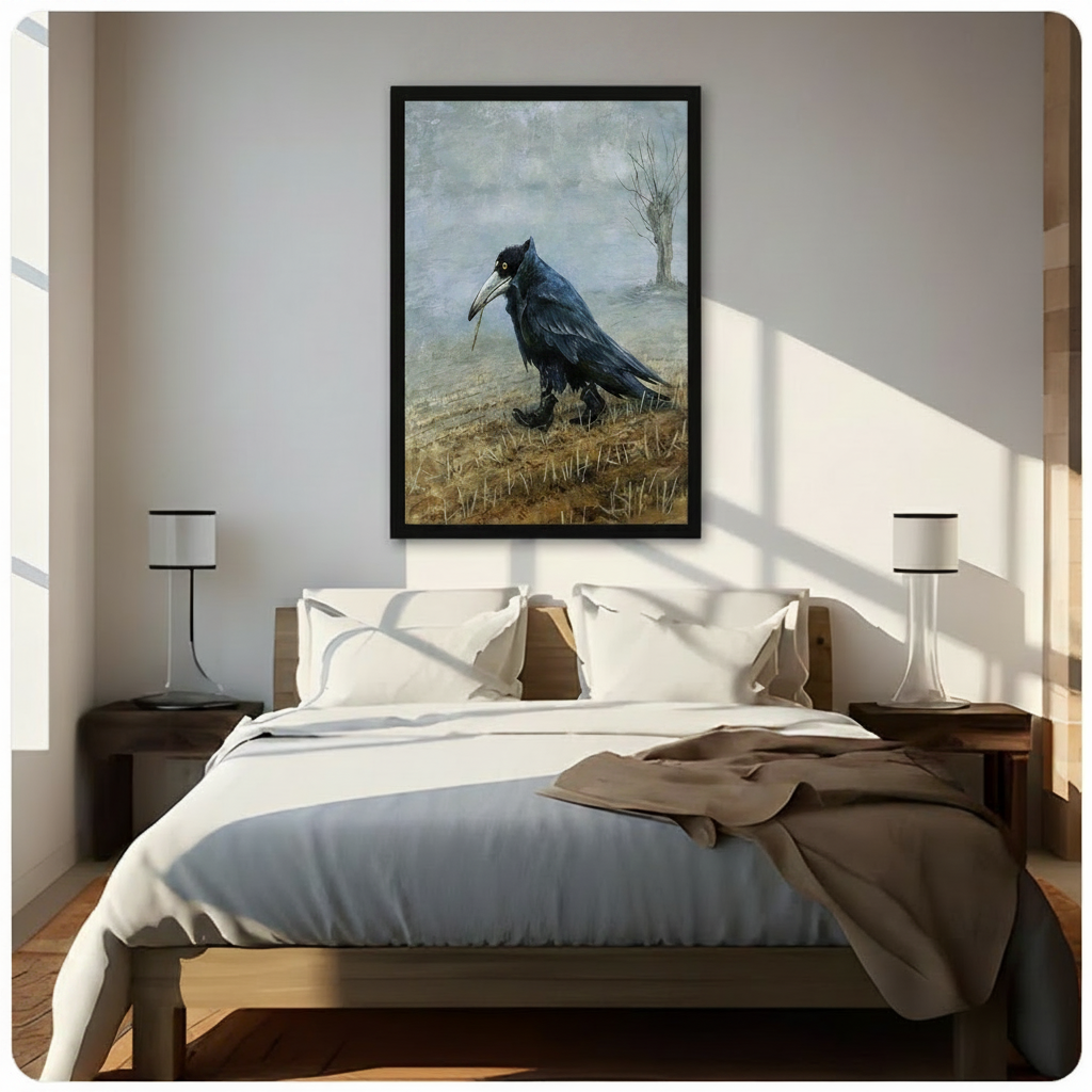 Gothic raven moody landscape impasto canvas wall art in black float frame above wooden bed with white bedding in sunlit modern American bedroom with white cylindrical bedside lamps, atmospheric painting of solitary dark raven walking through misty winter landscape