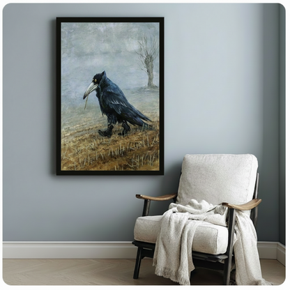 Gothic raven moody landscape framed canvas wall art in black float frame on light gray-blue wall above white linen armchair with draped throw in cozy American reading room, expressive impasto painting of solitary dark raven walking through misty winter field with bare tree