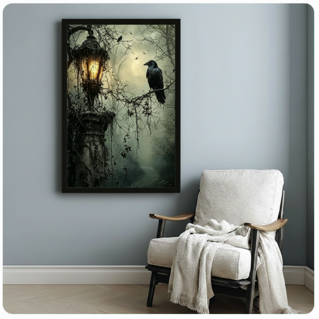 Black framed dark gothic raven lantern oil painting canvas print with deep green foggy forest background hung on a soft blue-gray wall beside a white linen armchair with a cream knit throw blanket