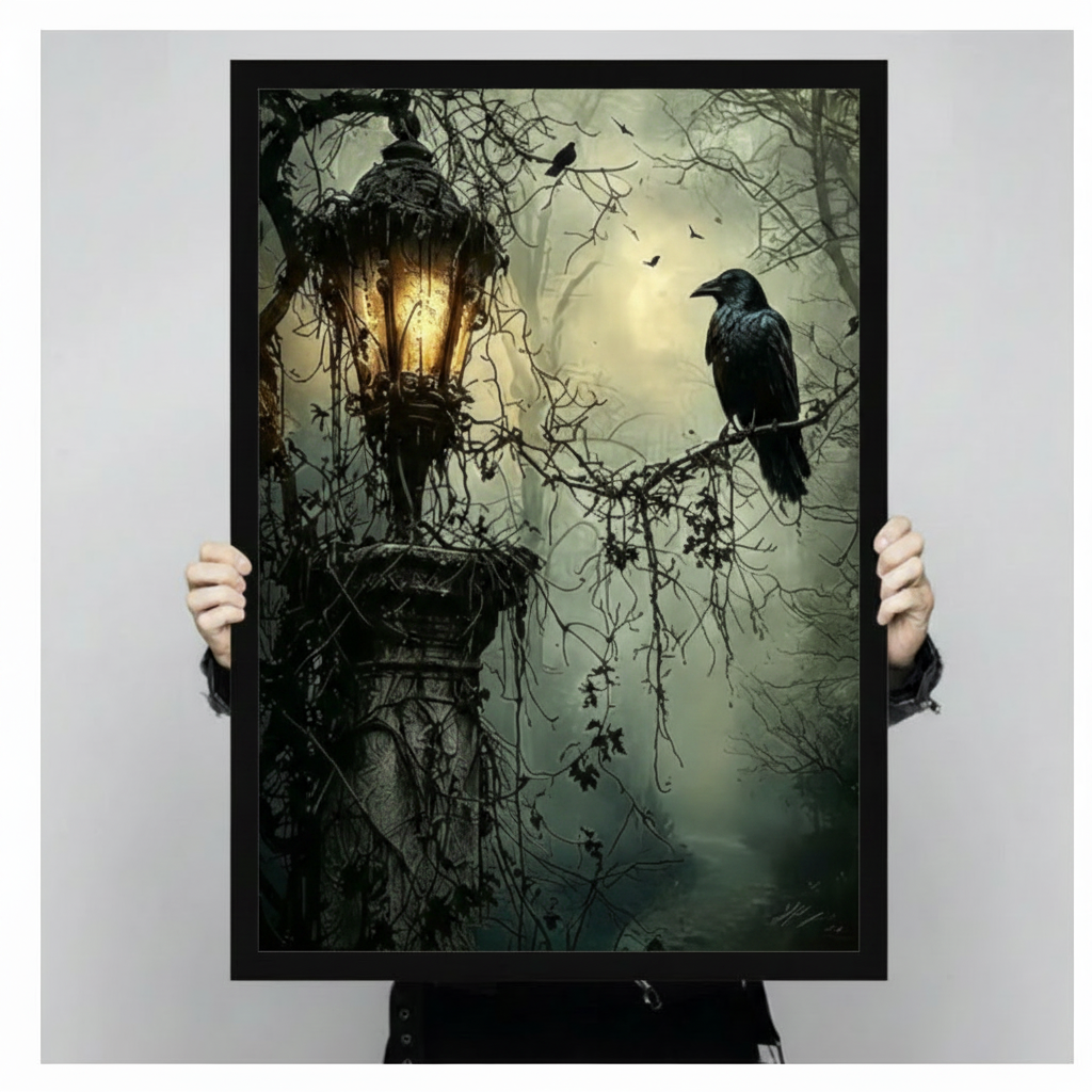 Hands in black sleeves holding a large black framed gothic raven and antique lantern dark forest canvas art print against a neutral gray background, front-facing vertical product size display