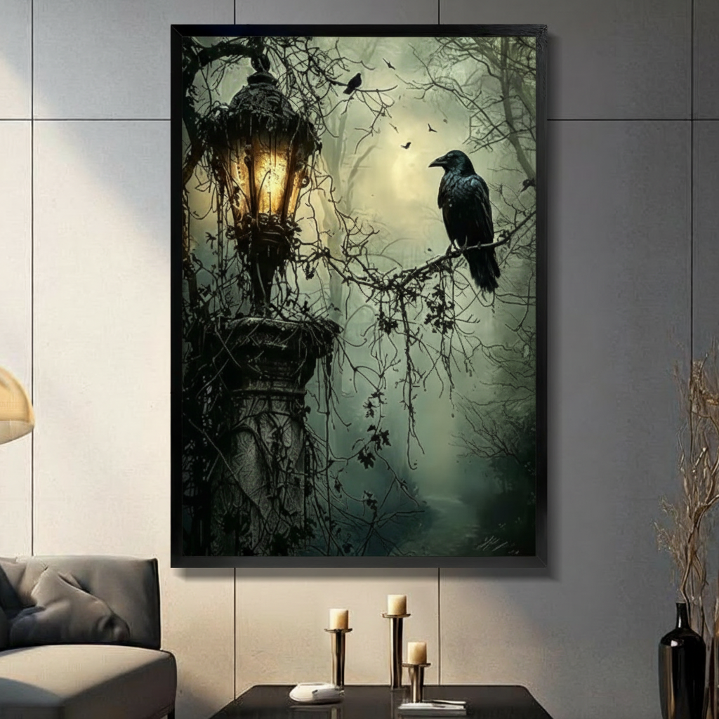 Black framed gothic raven and vintage lantern canvas wall art with dark misty forest background displayed in a modern gray living room with candlestick holders and tall black decorative vase